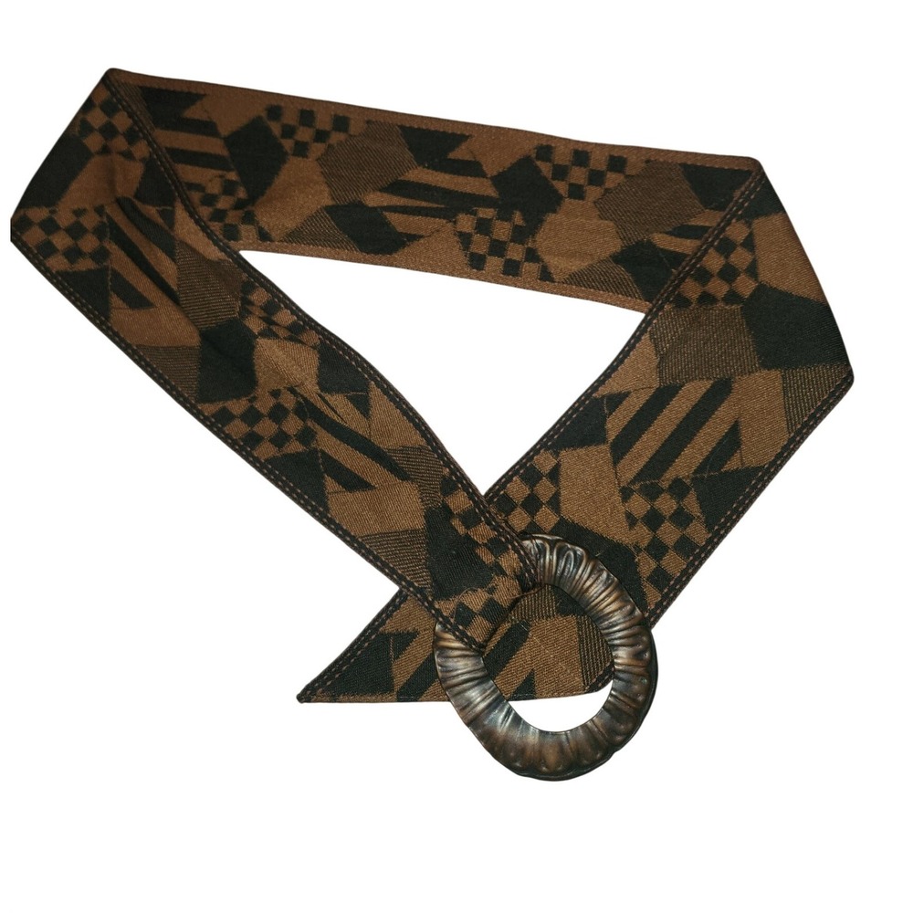 Vintage Geometric Tapestry Sash Belt Brown Black‎ Woven Bronze Buckle 40 Inch